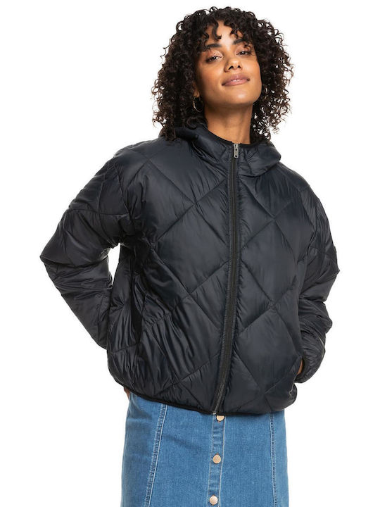 Roxy Women's Short Puffer Jacket for Spring or Autumn with Hood Black