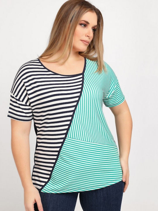 Dina Women's Summer Blouse Short Sleeve Striped Blue