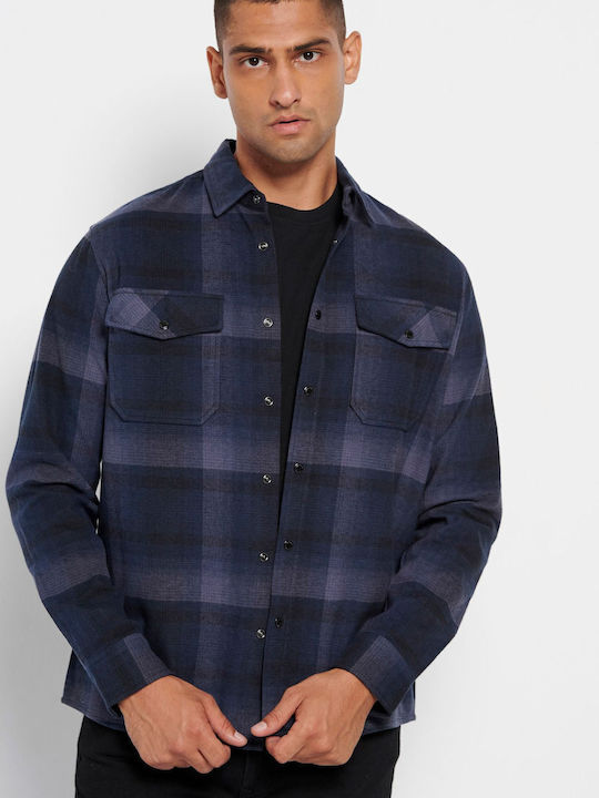 Funky Buddha Men's Checked Shirt with Long Sleeves Regular Fit Navy Blue