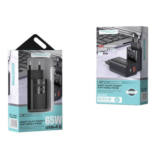 Treqa Treqa Handyladegerät Ohne Kabel GaN mit USB-A Ausgangsanschlüsse und USB-C Ausgangsanschlüsse 65W Schwarze (CH-637)