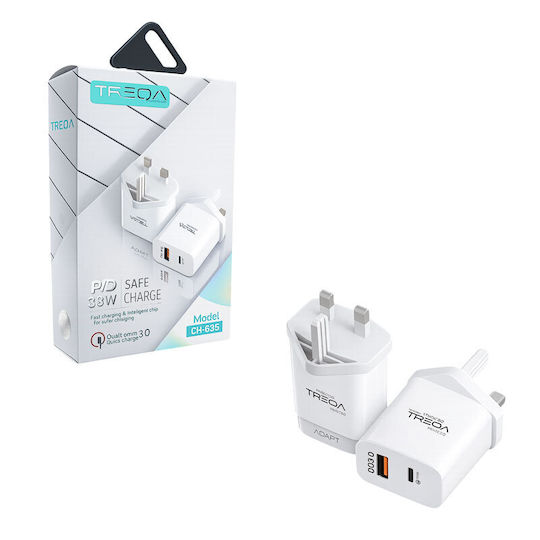 Treqa Handyladegerät Ohne Kabel mit USB-A Ausgangsanschluss und USB-C Ausgangsanschluss 38W Stromlieferung Weiß (CH-635)