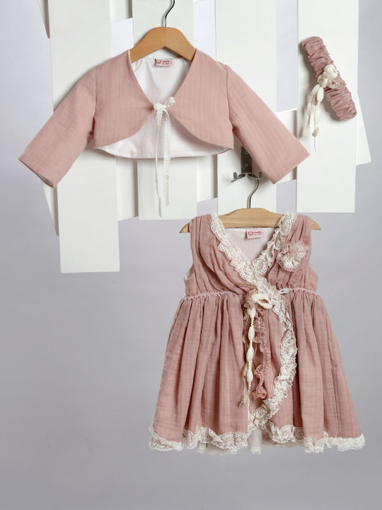 New Life Roz Set de Haine de Botez cu Rochie , Accesorii pentru păr & Cardigan Tricotat 3buc