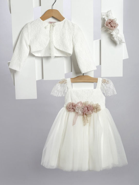 New Life White Baptism Clothing Set with Dress , Hair Accessories & Cardigan made of Tulle 3pcs