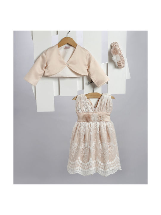 New Life Pink Baptism Clothes Set with Hair Accessories Cardigan and Lace Dress 3 Pieces