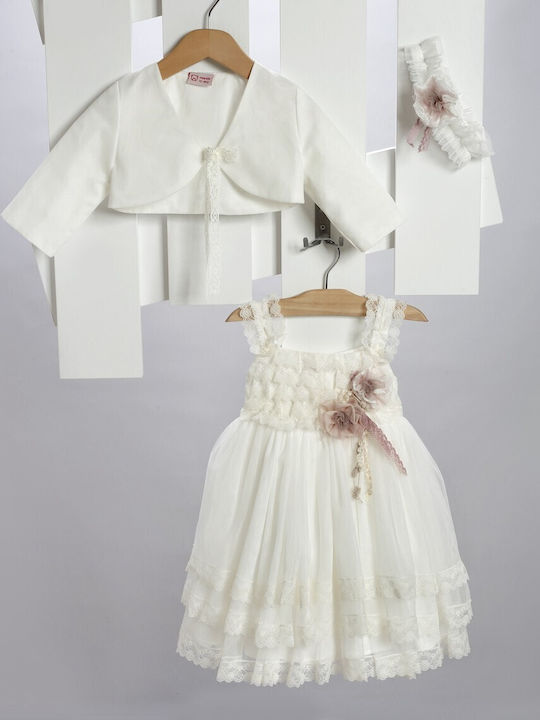 New Life White Baptism Clothing Set with Dress , Hair Accessories & Cardigan made of Tulle 3pcs