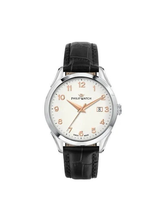 Philip Watch Ceas Baterie cu Negru Curea de piele