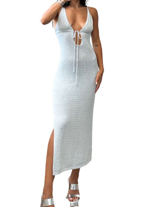 Chica Sommer Maxi Kleid Gestrickt Silber