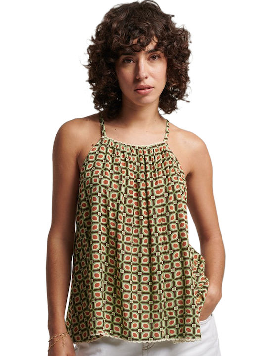 Superdry pentru Femei de Vară Bluză cu Bretele & Legătură la Gât Retro Tile Print