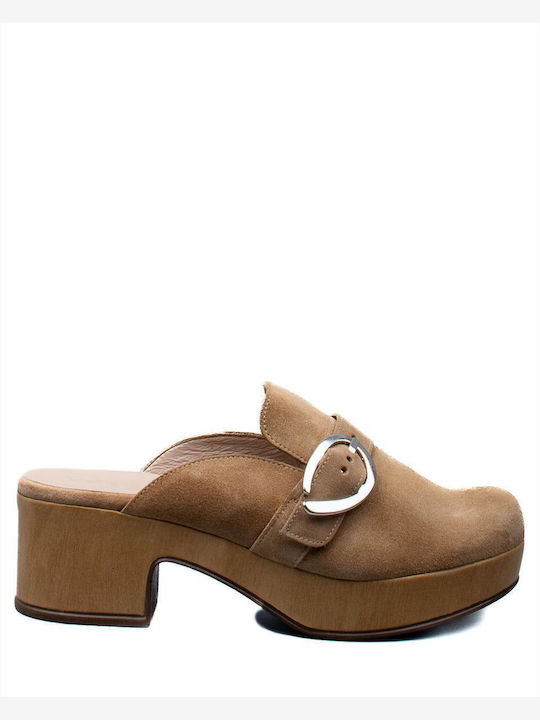 Wonders Leather Mules with Chunky Low Heel Sand