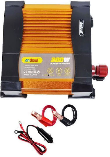 Andowl Qks300 Invertor Auto Modificat Sine Wave 300W pentru Convertirea 12V DC în 220V AC cu 2xUSB