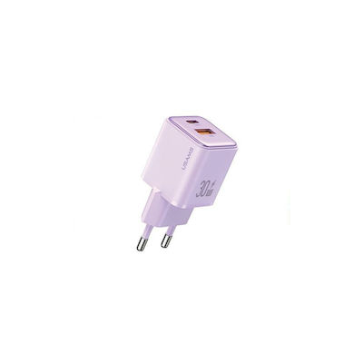 Usams Charger Without Cable with USB-A Port and USB-C Port 30W Power Delivery Purple (CC189)