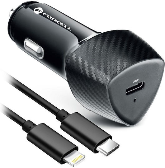 Forcell Handy-Autoladegerät 20W 3A mit einem Anschluss 1xType-C zusammen mit Kabel Lightning Schwarz Farbe