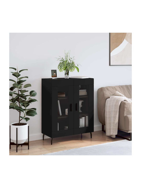 Floor Particle Board / Metallic Living Room Display Cabinet with Glass Black 69.5x34x90cm