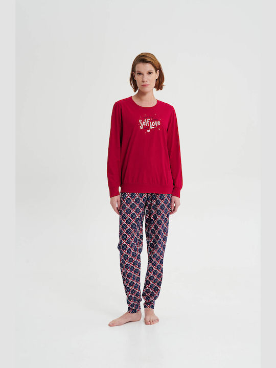 Vamp Winter Damen Pyjama-Set Baumwolle Rot