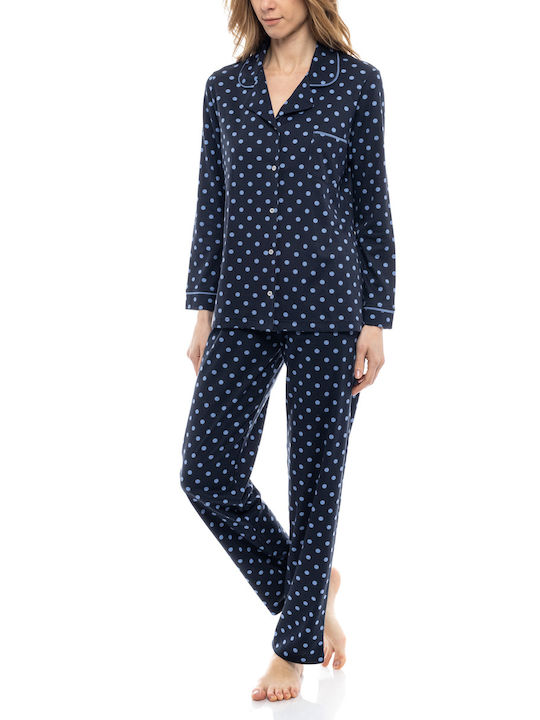 Pink Label Winter Damen Pyjama-Set Baumwolle Marineblau