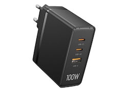 Vention Charger Without Cable with USB-A Port and 2 USB-C Ports 100W Power Delivery / Quick Charge 3.0 Black (FEGB0-EU)