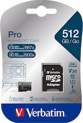 Verbatim Pro microSDXC 512GB Class 10 U3 V10 A2 UHS-I με αντάπτορα