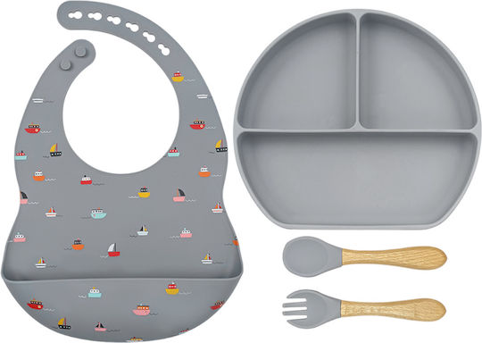 Queen Mother Set Essgeschirr Boote aus Silikon mit rutschfester Basis Gray 4Stück für 6+ Monate