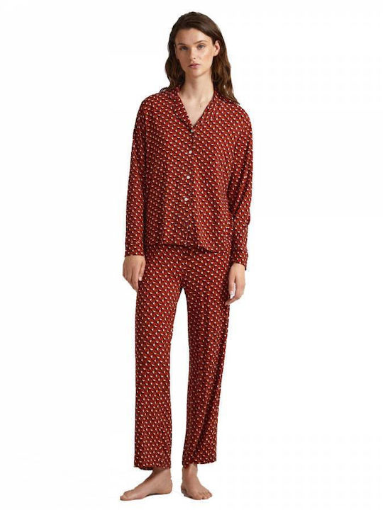 Pepe Jeans Winter Women's Pyjama Set Cotton Burgundy