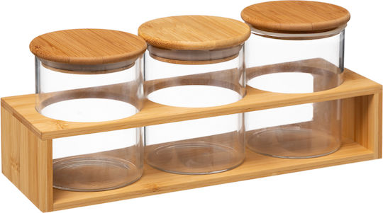 PanOikos Set 3Stücke Lebensmittelgläser Allgemeine Verwendung mit Deckel & Gestell Hölzernes Transparent 10x28,5cm 3Stücke