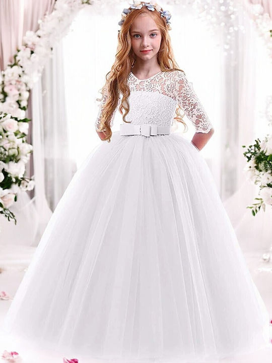 Rochie Fete Mânecă Lungă Din Tulle Pentru Domnișoarele De Onoare Florale Set Cu Accesorii Alb