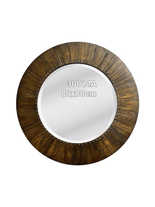 Besty Decor Καθρέπτης Τοίχου με Καφέ Ξύλινο Πλαίσιο Διαμέτρου 80cm