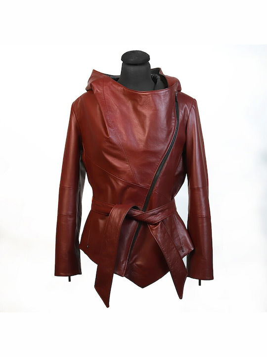 Ageridis Leather Κοντό Δερμάτινο Γυναικείο Μπουφάν για Χειμώνα Κόκκινο