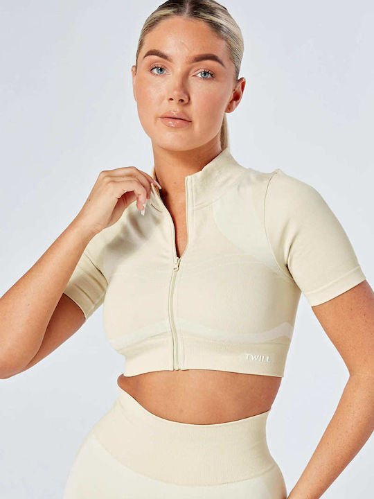 Twill Active Women's Athletic Crop Top Short Sleeve Beige