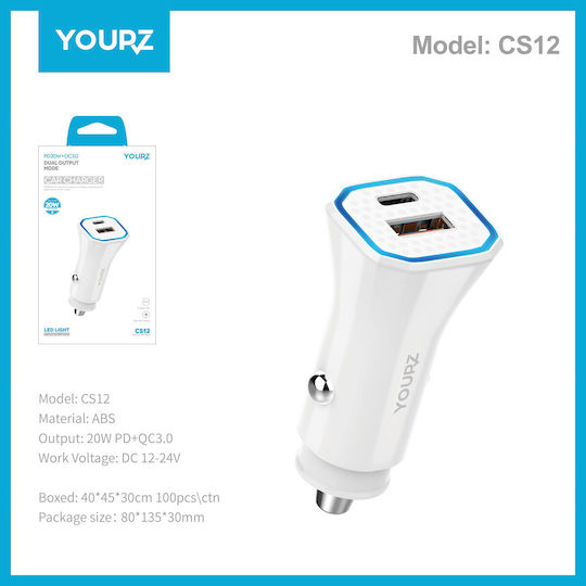 YOURZ Φορτιστής Αυτοκινήτου 20W με Θύρες: 1xUSB 2xType-C Λευκός