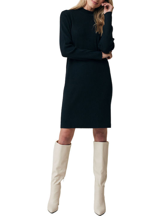 Rochie Mini Tricotată Cu Guler Înalt Neagră