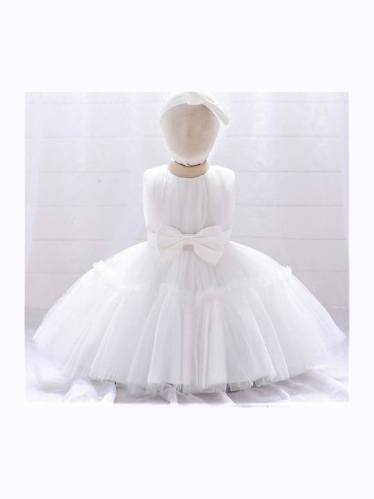 Kinderkleid Ärmellos Tüll Für Blumenmädchen Set mit Zubehör Weiß
