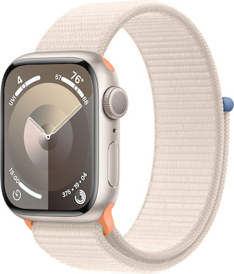 Apple Watch Series 9 Aluminium 41mm Waterproof with Heart Rate Monitor (Starlight with Starlight Sport Loop)