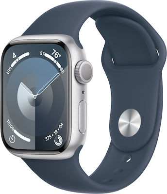 Apple Watch Series 9 Aluminium 41mm Αδιάβροχο με Παλμογράφο (Silver με Storm Blue Sport Band (M/L))