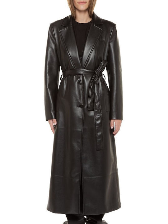 Guess Women's Leather Long Coat with Buttons Black