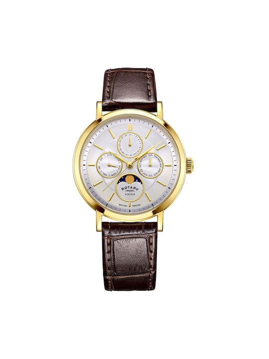 Rotary Windsor Watch Battery with Gold Leather Strap