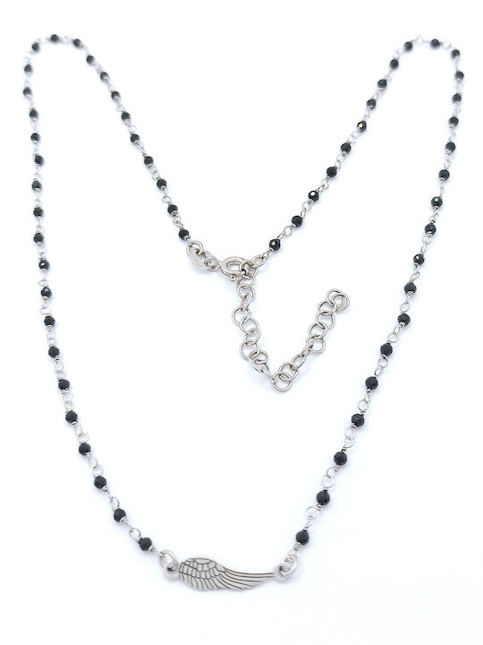 PS Silver Necklace Rosary Angel Wings Silver with Zircon Black