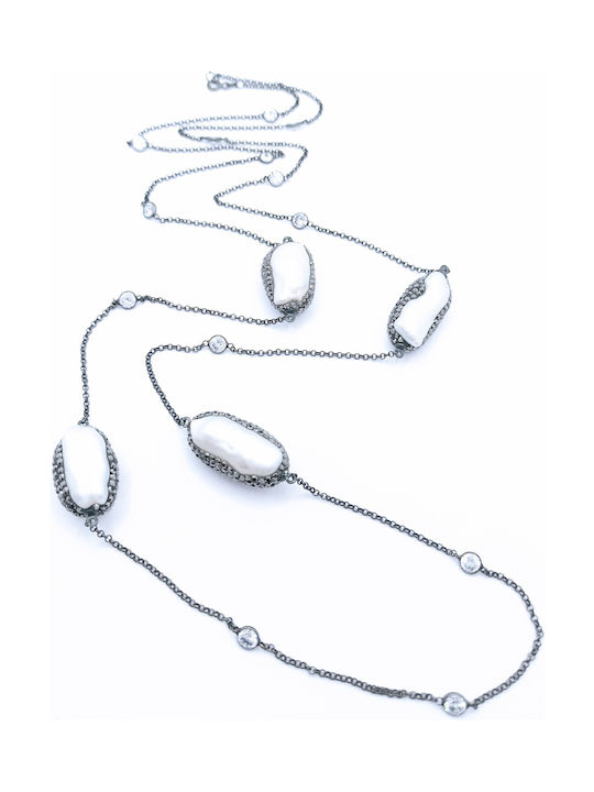 PS Silver Γυναικείο Κολιέ με Πέρλες από Ασήμι σε Μαύρο χρώμα