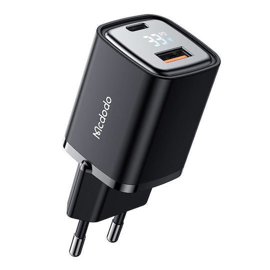 Mcdodo Зарядно Устройство Без Кабел GaN с USB-A Изходен Порт и USB-C Изходен Порт 33W Quick Charge 3.0 Черно CH-1701