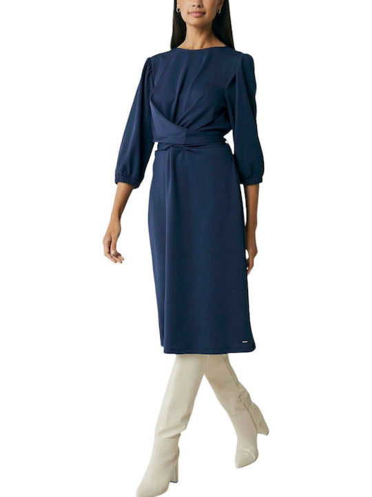 Midi Shirt Dress with 3/4 Sleeve Wrap Navy Blue