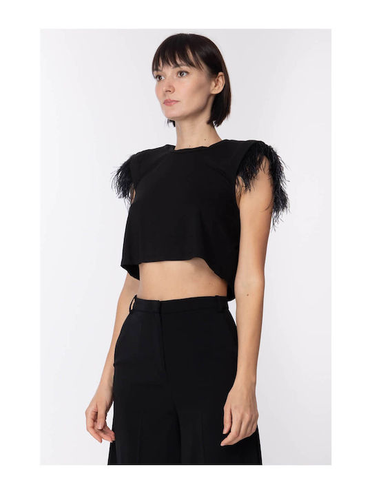 Patrizia Pepe pentru Femei de Vară Crop Top cu Mâneci Scurte Negru