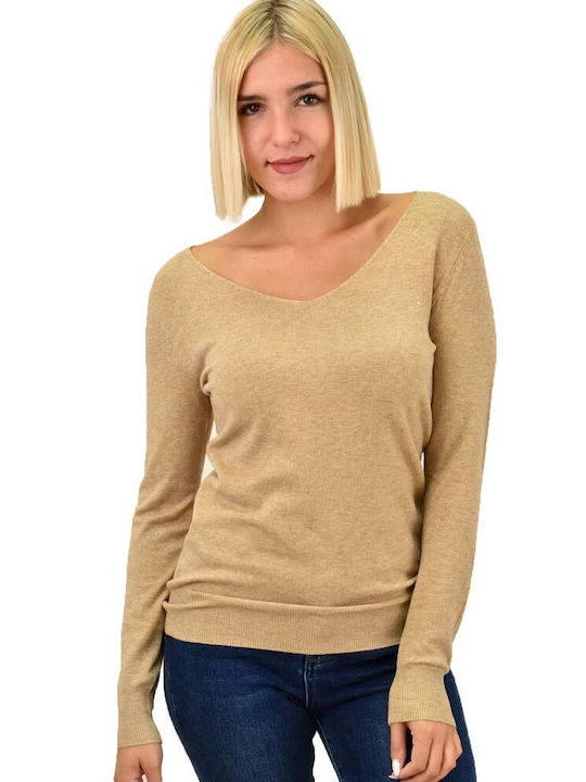 Potre Women's Long Sleeve Pullover with V Neck Beige