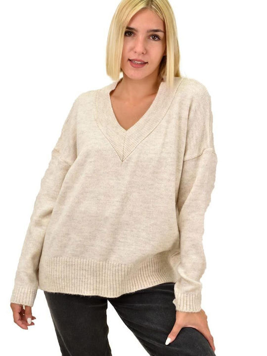 Potre Damen Langarm Pullover mit V-Ausschnitt Beige