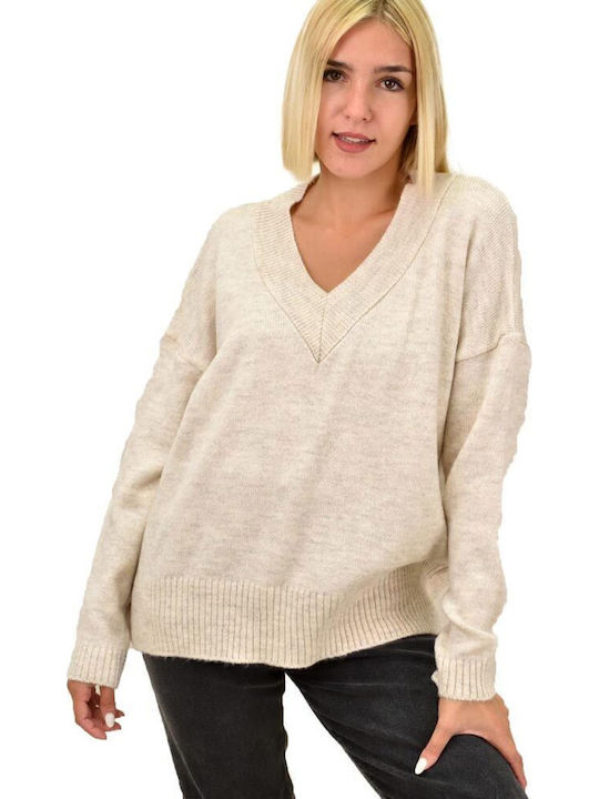 Women's Long Sleeve Sweater with V Neckline Beige