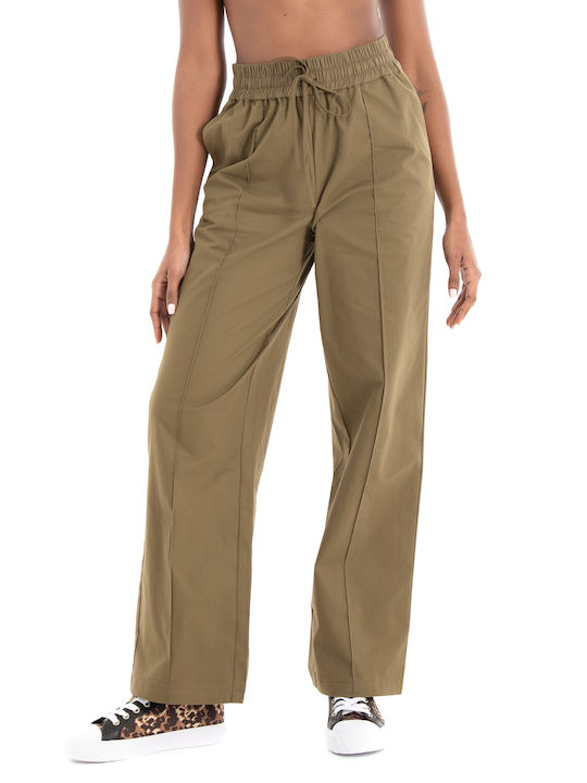 Selected Pants Noria Women's High-waisted Cotton Trousers with Elastic Khaki