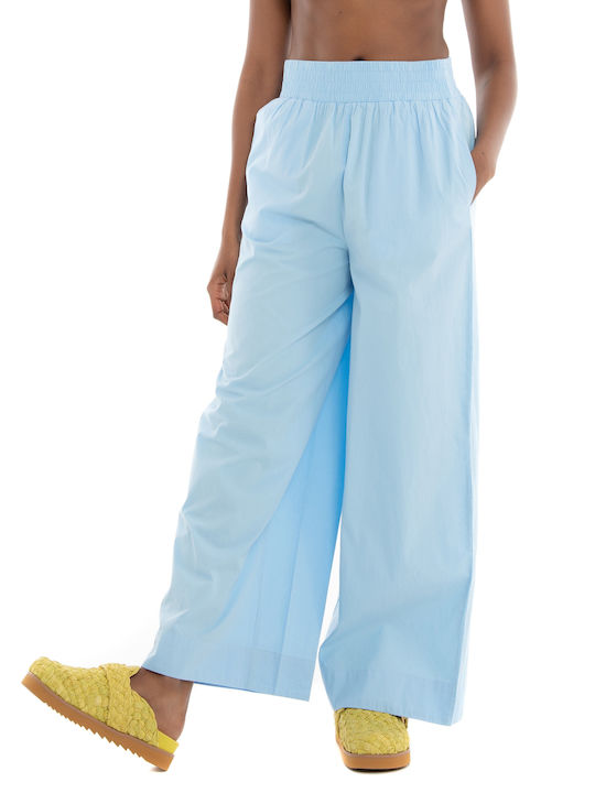 Selected Kiki Women's High-waisted Cotton Trousers with Elastic in Wide Line Light Blue