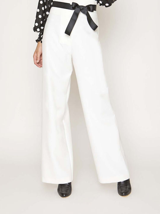 Maxin Women's High-waisted Fabric Trousers in Wide Line Beige