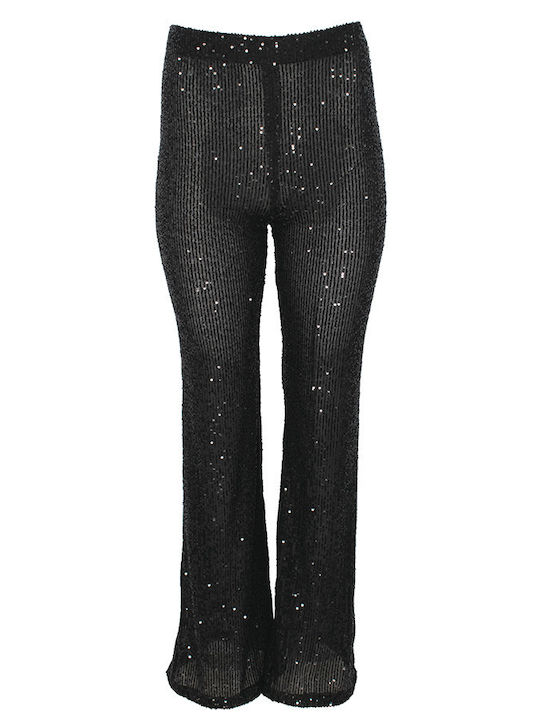 C-Throu Damen Hoch tailliert Stoff Hose Schlag Slim Fit Schwarz