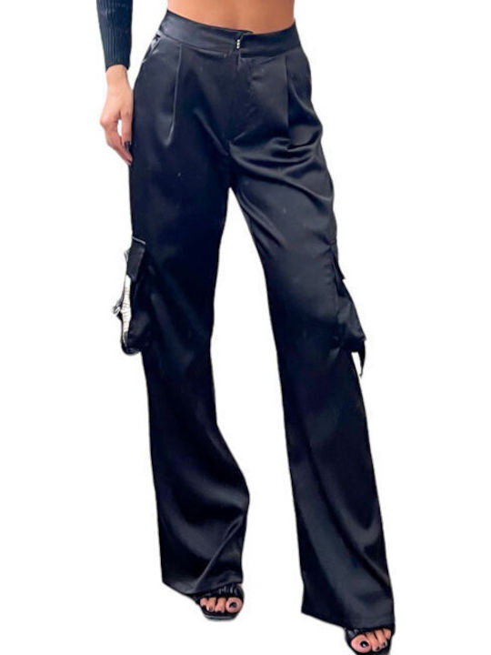 Women's High-waisted Fabric Cargo Trousers Black