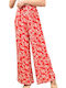 First Woman Women's High Waist Fabric Trousers with Elastic in Straight Line Red