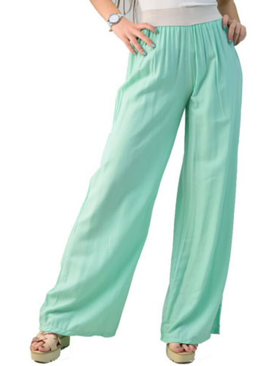 First Woman Women's Fabric Trousers with Elastic Bell Green